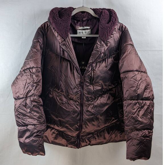 Puffer Jacket Ava & Viv Brown 1X Plus Winter Coat Faux Fur Hood Full Zip Coat - Picture 1 of 11